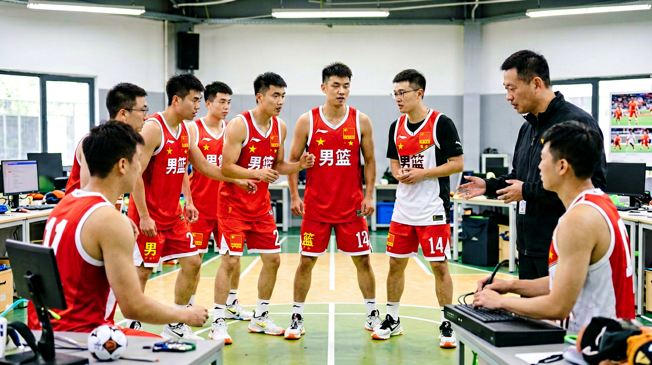 中国男篮国家队队员在训练馆进行战术配合演练，教练组在一旁观察指导