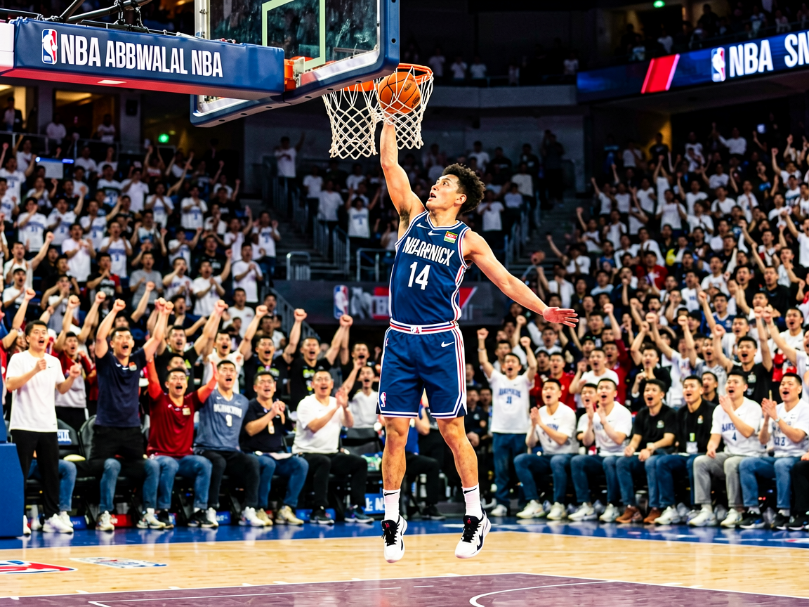 NBA篮球比赛现场，球员在球场上进行精彩扣篮，观众热情欢呼，呈现职业篮球赛事的紧张激烈