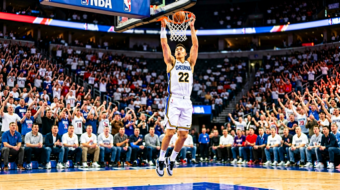 NBA赛场上球员高高跃起完成扣篮，全场观众沸腾，呈现职业篮球的精彩瞬间