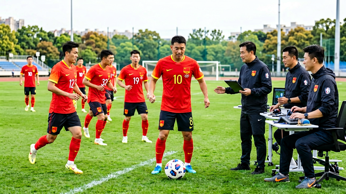 中国足球队在训练中进行战术演练，教练组在场边指导，展现国家队备战状态