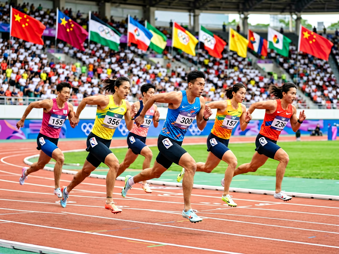 奥运赛场上各国运动员在田径跑道上奋力冲刺，观众席上各国旗帜飘扬，展现奥林匹克运动的团结与竞技精神