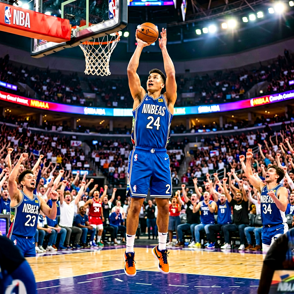 NBA季后赛赛场上球员跳投瞬间，球馆内灯光璀璨，球迷激情呐喊