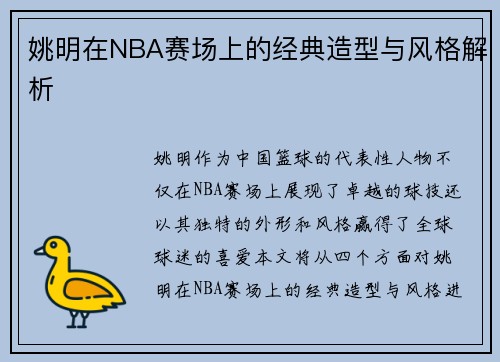 姚明在NBA赛场上的经典造型与风格解析